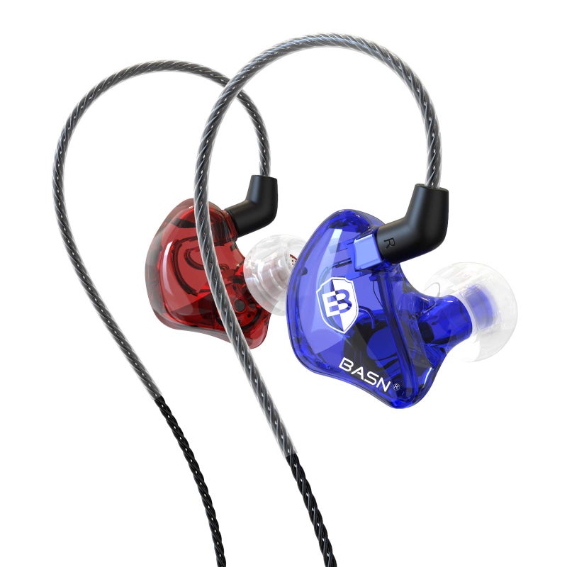 BASN in-Ear Monitor Headphones Dual Dynamic Drivers IEM Earphones Detachable MMCX Cable Musicians Earbuds (MC100 Red/Blue, with Mic) - Image 1